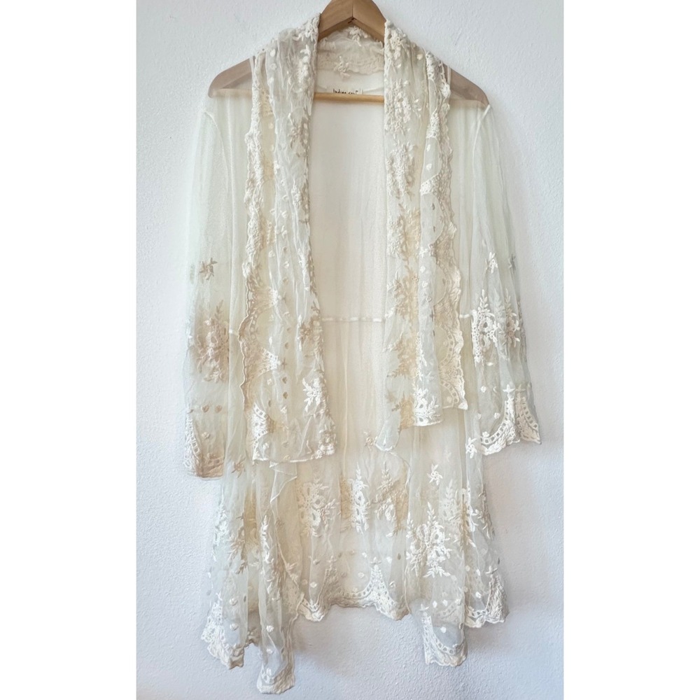 Indigo Soul Cream Floral Lace Mesh Kimono Cardigan Cottage Core Western Medium